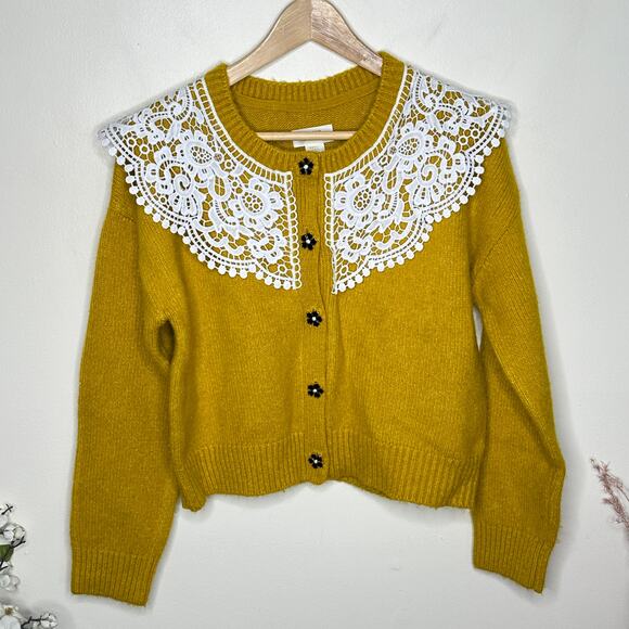 ANTHROPOLOGIE x MAEVE Lace Cardigan Sweater Yellow Wool Sz S {V42} - Picture 3 of 6